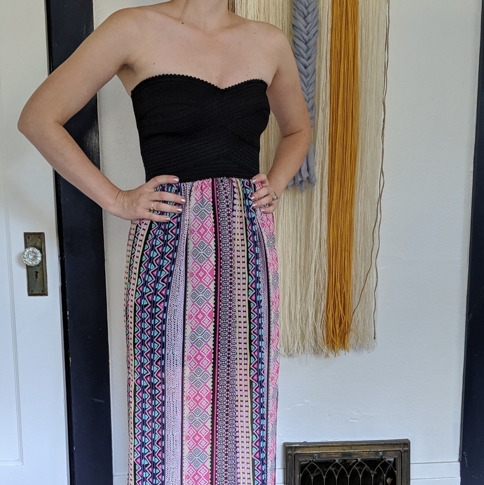 Strapless geometric maxi dress with bandage top